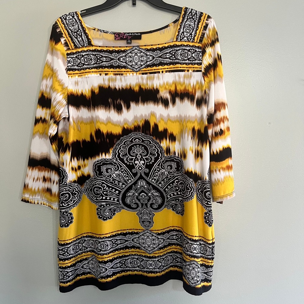 Peck & Peck Large Yellow Paisley Ikat 3/4 Sleeve Square Neck Tunic Top Boho